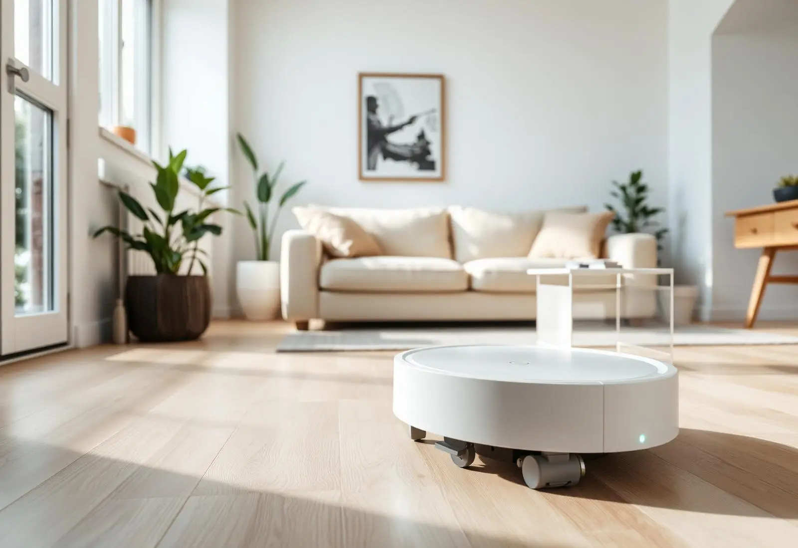 Robô aspirador branco limpando piso de madeira em sala iluminada