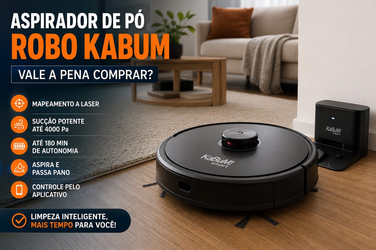Aspirador de pó robo Kabum limpando piso de apartamento com função passa pano