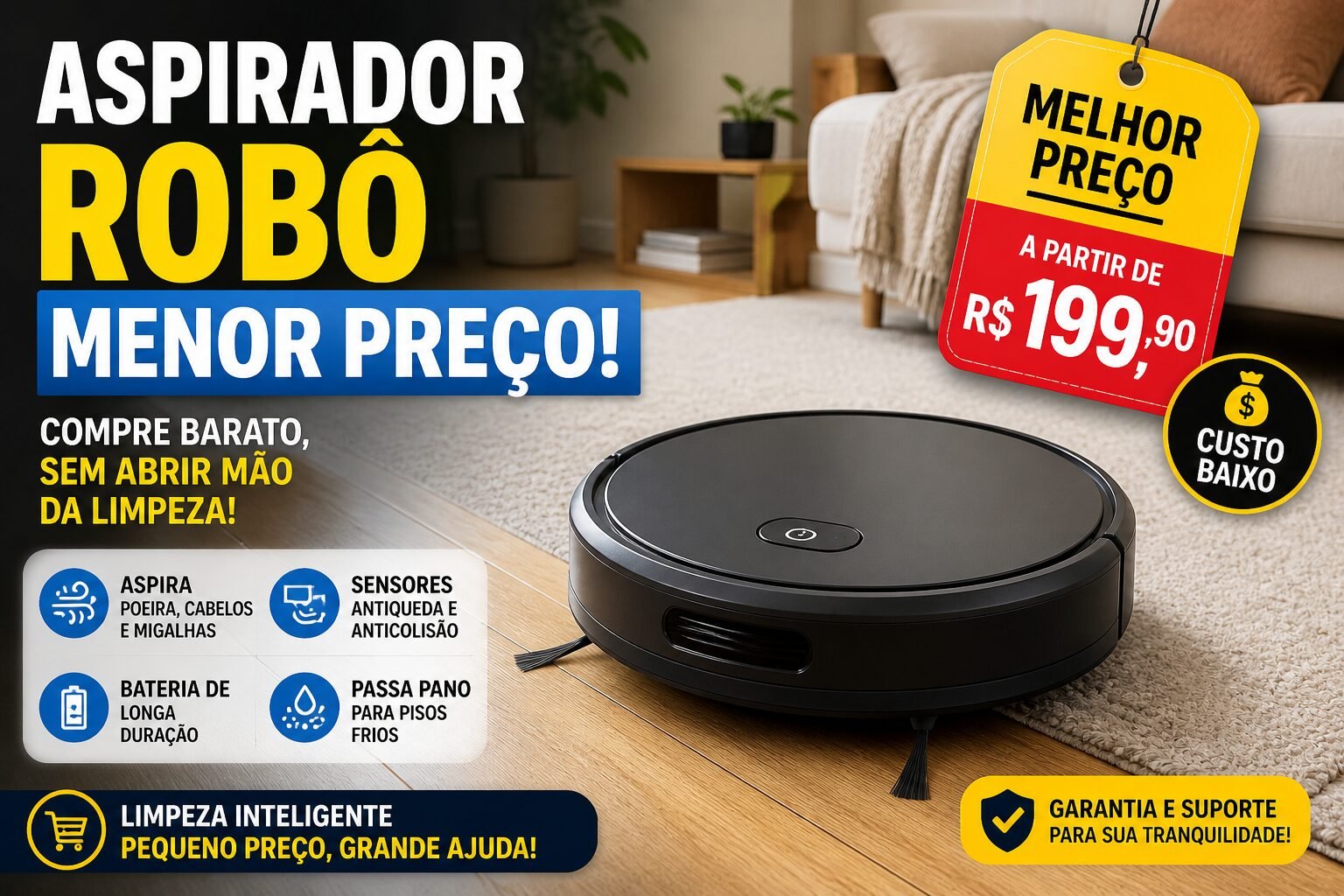Aspirador robô barato limpando piso de apartamento com preço baixo em destaque