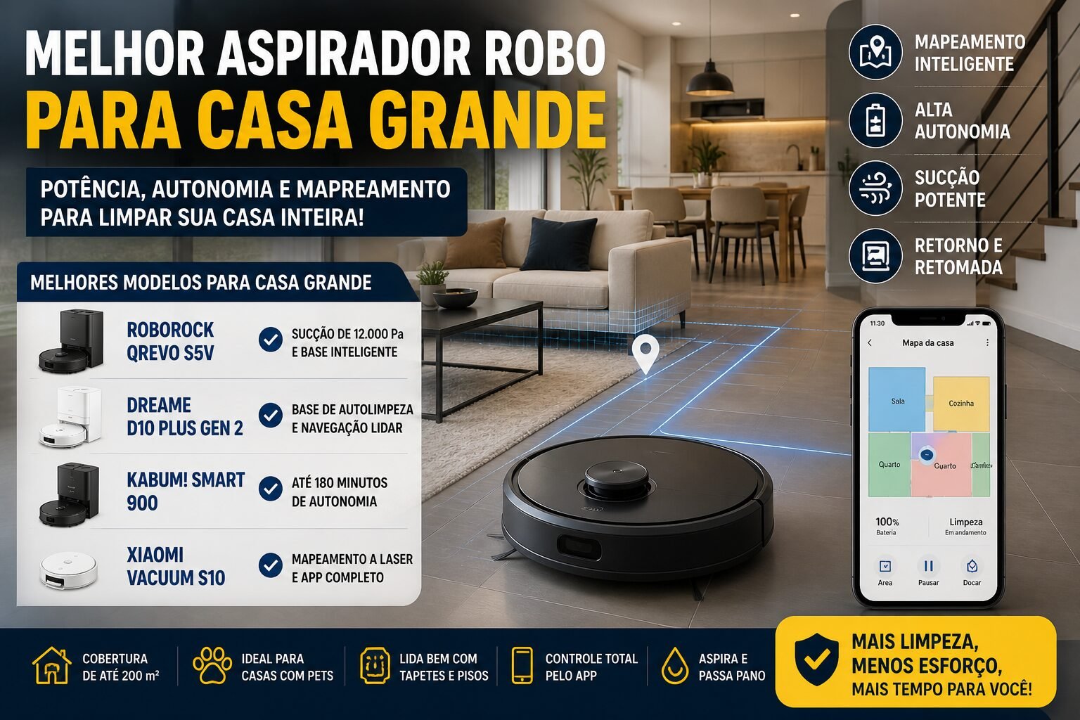 Robô aspirador com mapeamento limpando sala ampla de casa grande