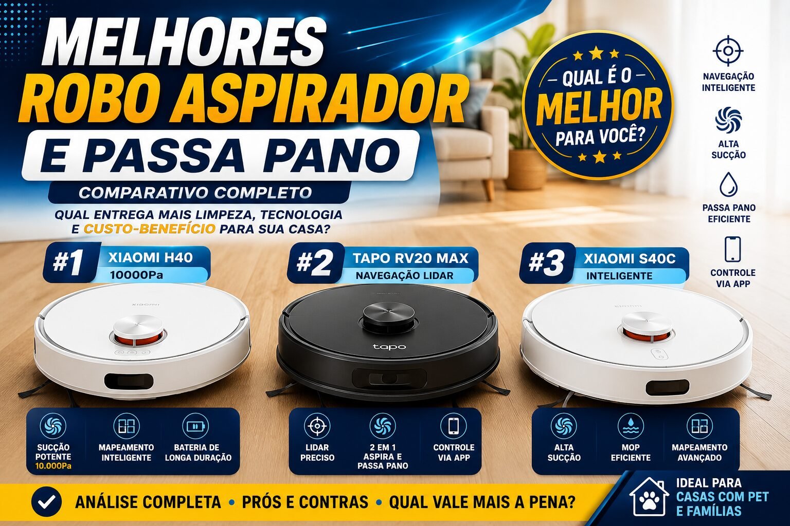 Comparativo entre Xiaomi H40, Tapo RV20 Max e Xiaomi S40C entre os melhores robô aspirador e passa pano