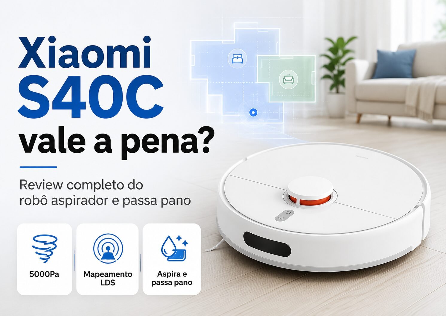 Robô Aspirador De Pó Inteligente S40C Xiaomi branco limpando piso frio com mapeamento a laser