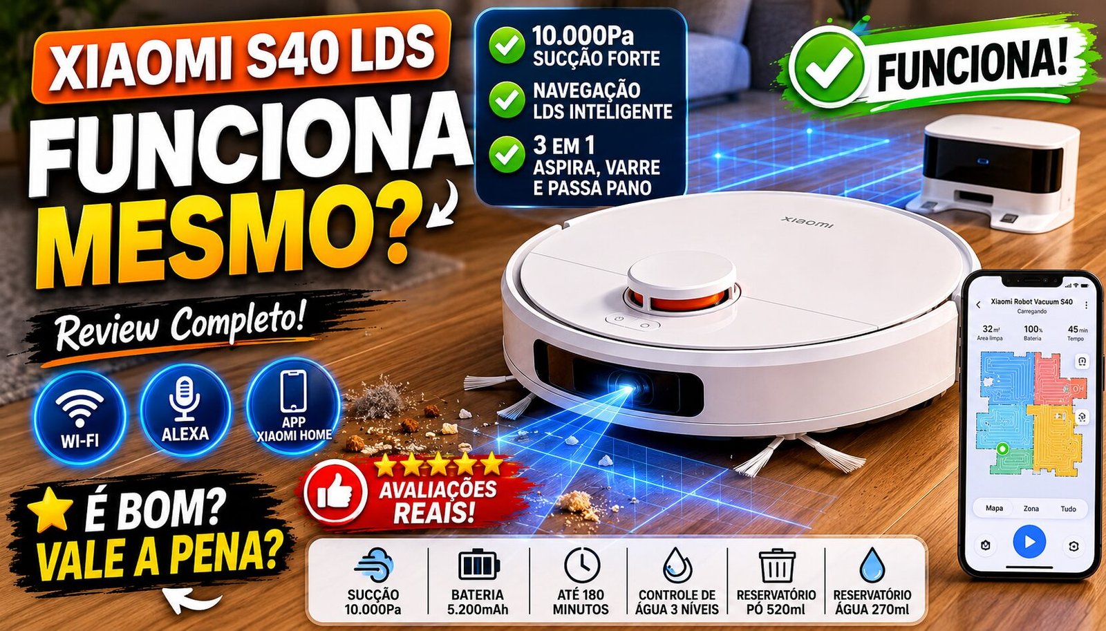 Robô Aspirador Xiaomi S40 LDS branco limpando piso com controle por aplicativo