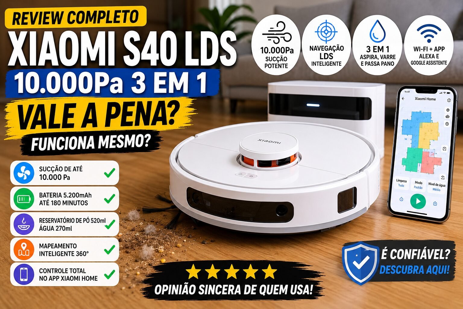 Robô Aspirador Xiaomi S40 LDS branco limpando piso com navegação inteligente