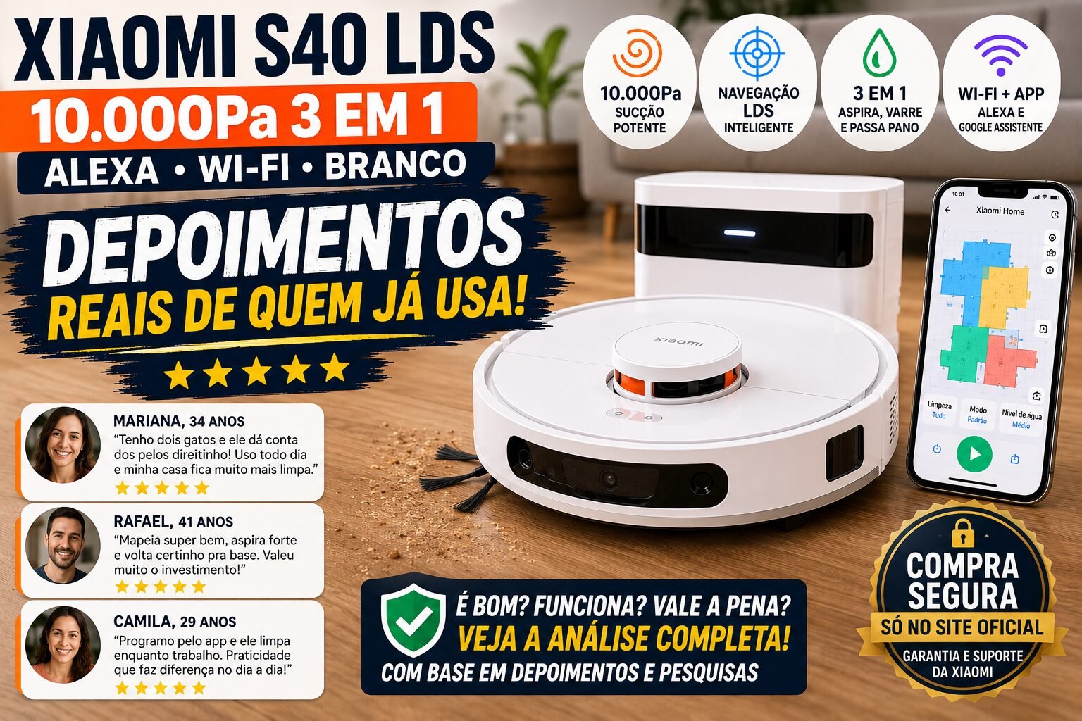Robô Aspirador Xiaomi S40 LDS branco limpando piso com depoimentos de usuários