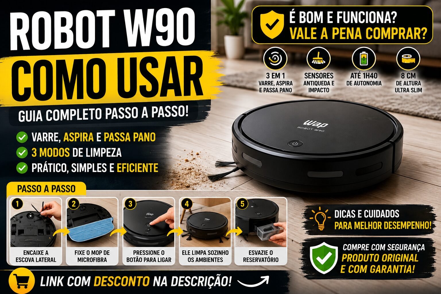 Robô aspirador WAP Robot W90 preto sendo usado em sala de estar