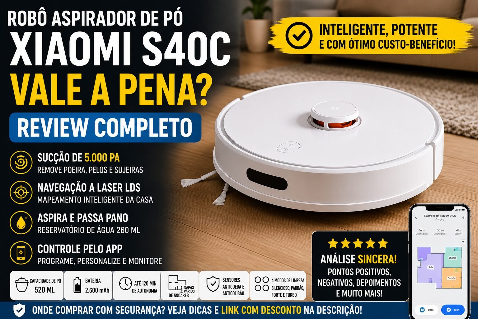 Robô Aspirador De Pó Inteligente S40C Xiaomi branco limpando piso com navegação LDS