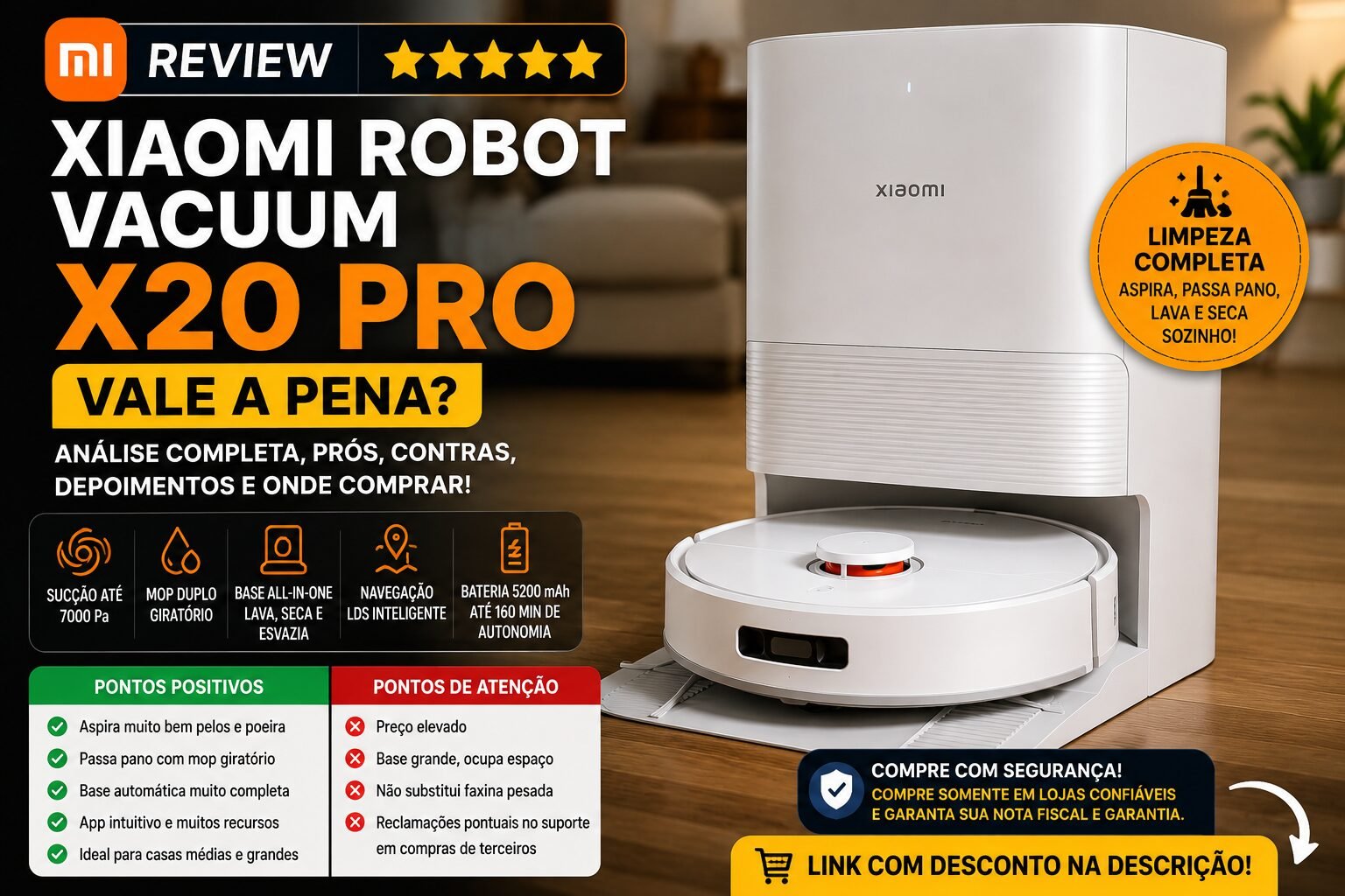 Xiaomi Robot Vacuum X20 Pro com base automática em sala moderna