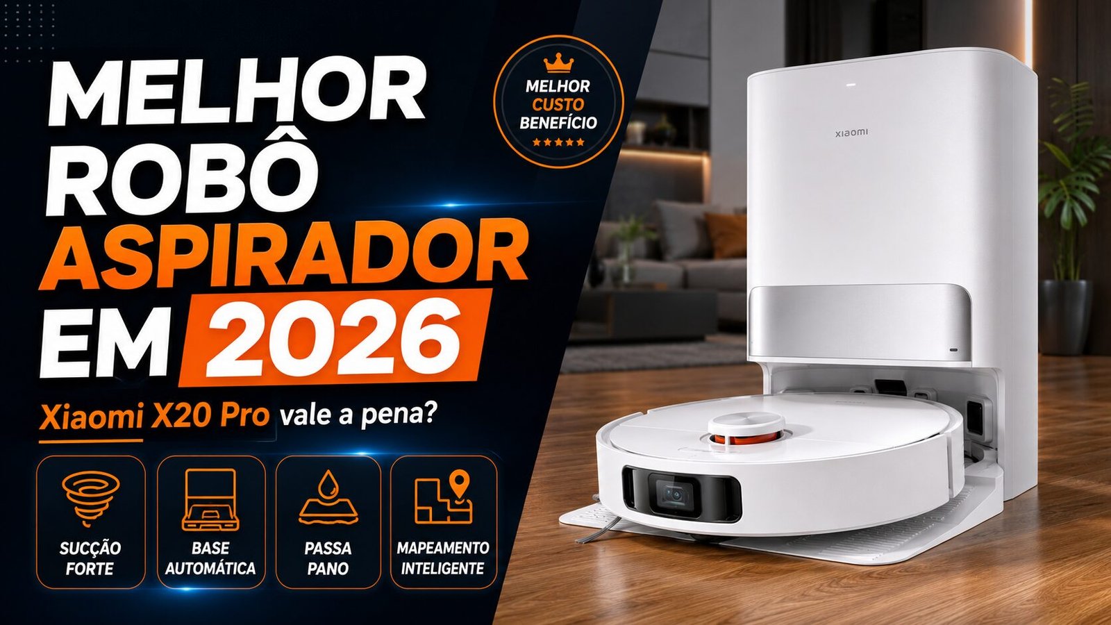 Xiaomi Robot Vacuum X20 Pro com base automática em sala moderna, destaque para melhor robô aspirador em 2026.