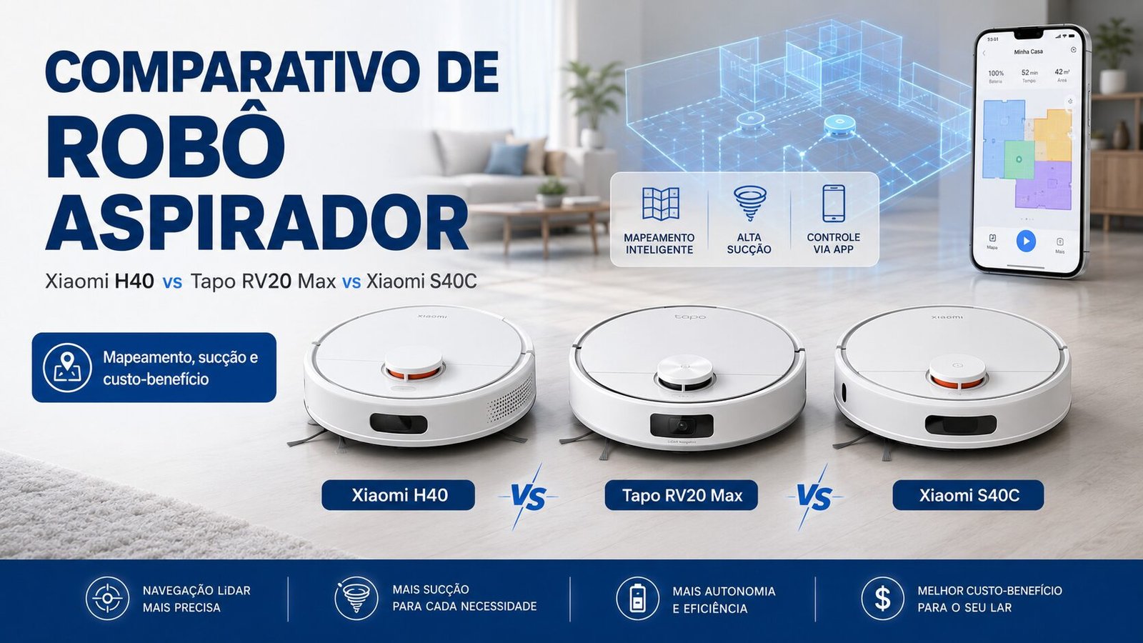 Comparativo de robô aspirador Xiaomi H40 Tapo RV20 Max e Xiaomi S40C