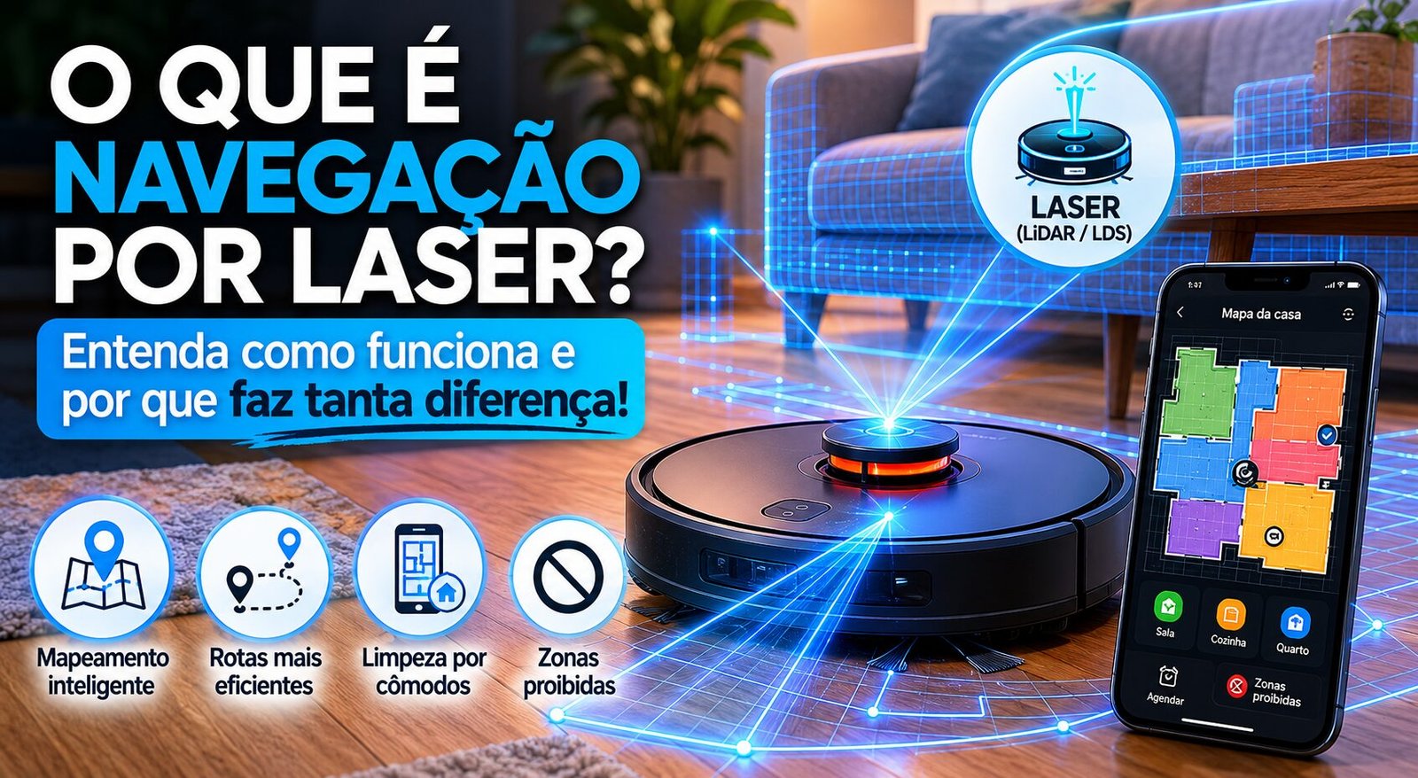 Robô aspirador com navegação por laser mapeando uma sala