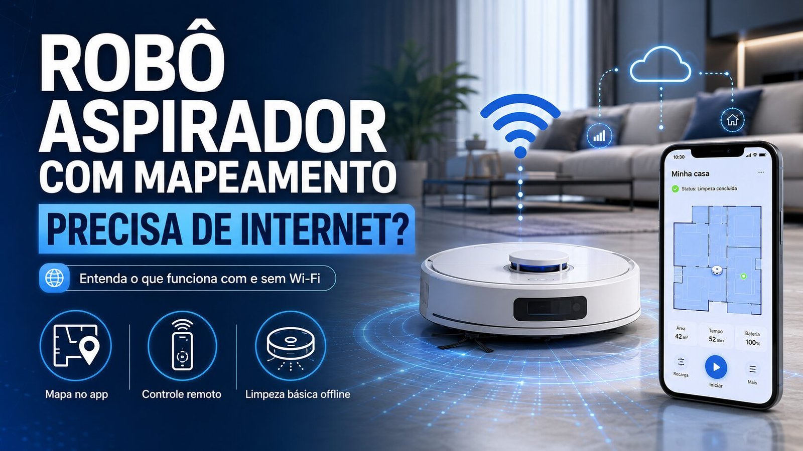 Robô aspirador com mapeamento inteligente conectado ao aplicativo por internet sem fio