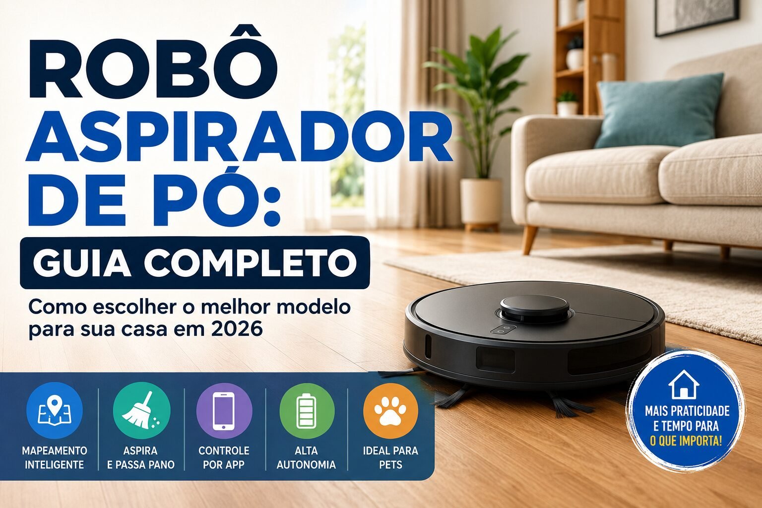 Robô aspirador de pó limpando o chão de uma sala moderna, representando praticidade, tecnologia e limpeza doméstica automatizada.