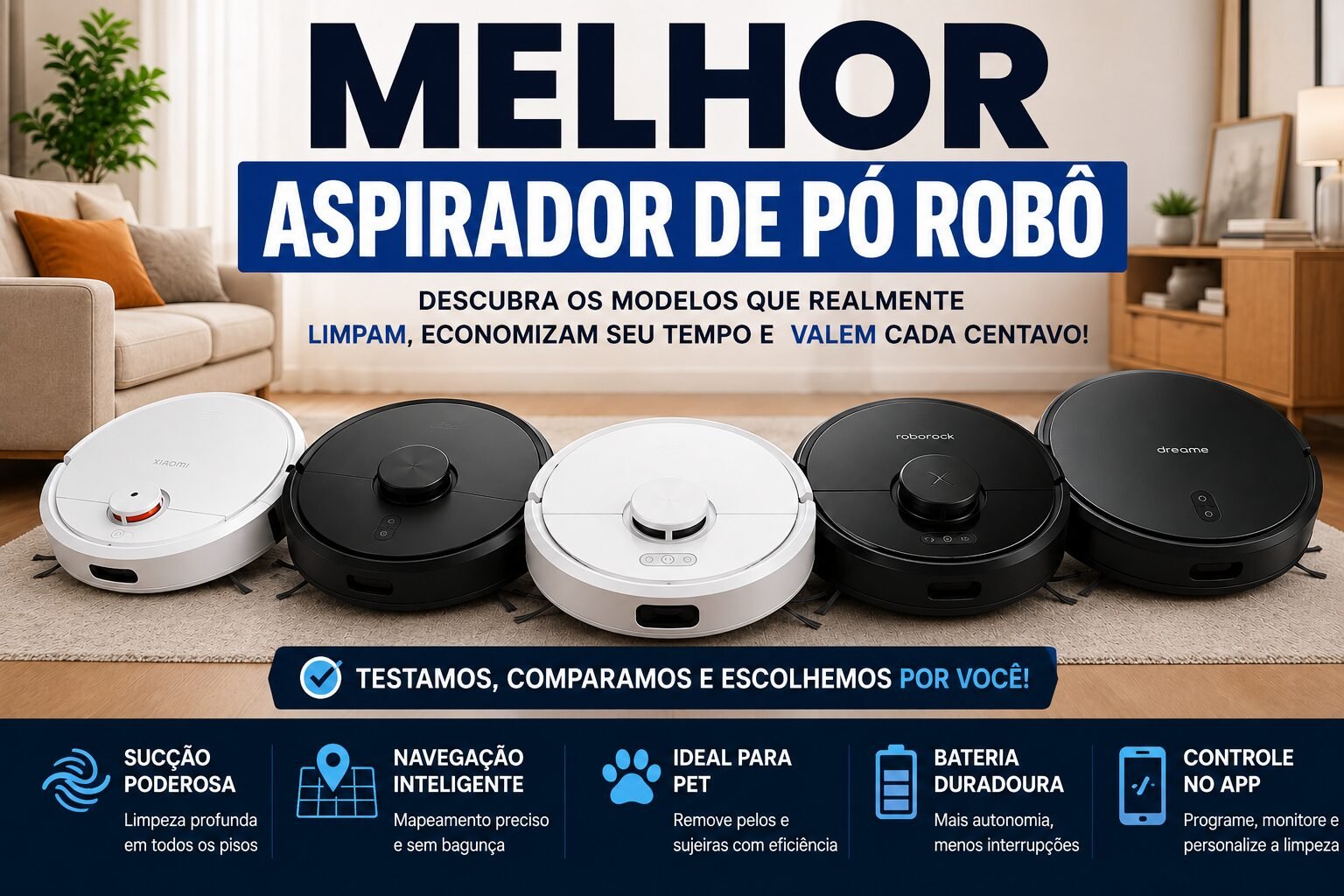 melhor aspirador de pó robô limpando sala moderna com destaque para o Xiaomi S40C