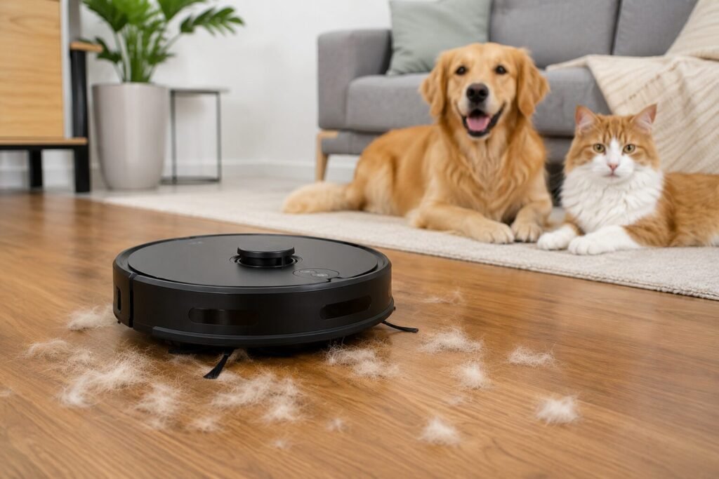 cachorro e gato perto de um robô aspirador limpando p chão em um piso de madeira