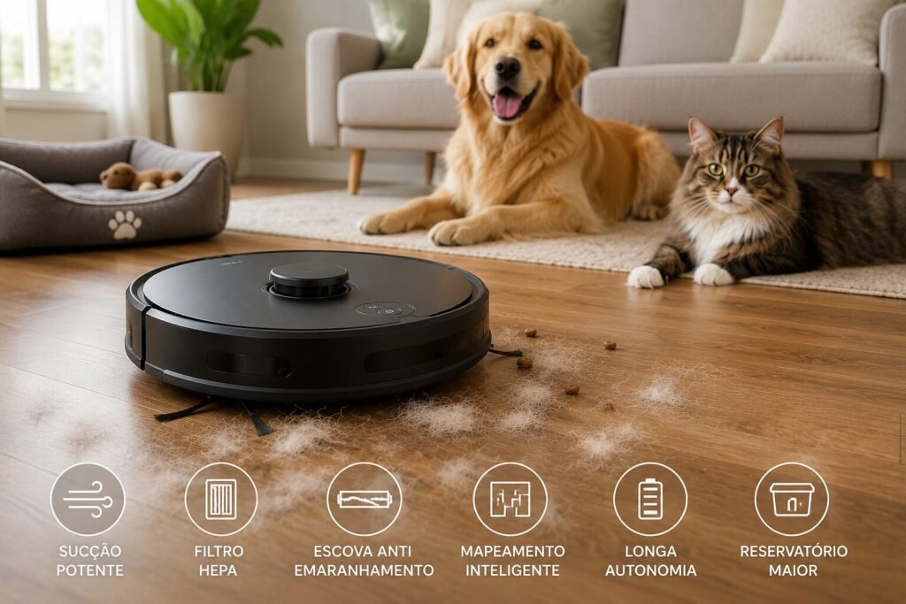 Pets perto de robô aspirador de pó em chão de sala