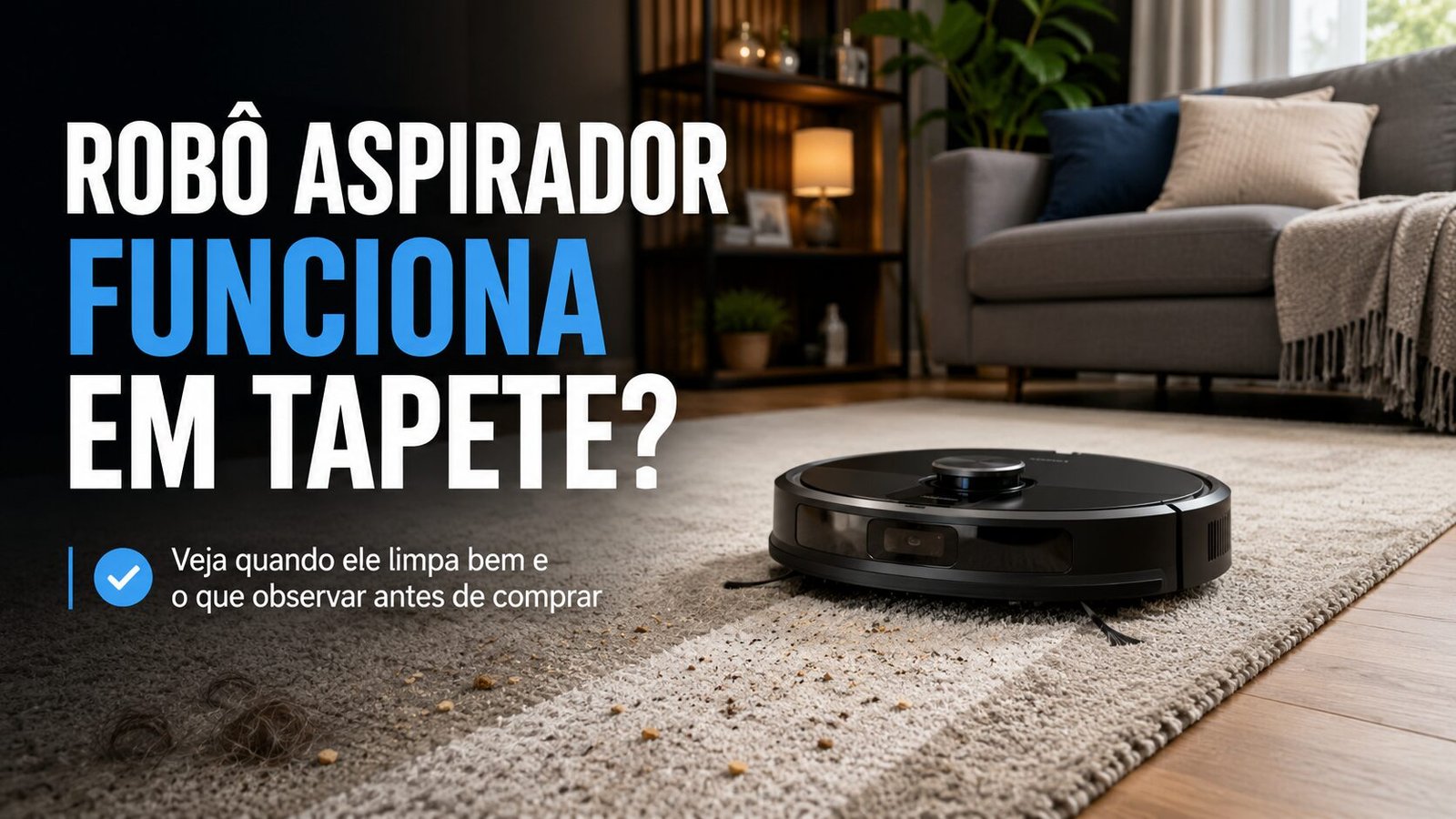 Robô aspirador funcionando em tapete baixo na sala enquanto remove poeira, pelos e sujeira do tecido
