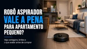 Robô aspirador limpando o chão de um apartamento pequeno moderno com sala compacta e móveis próximos