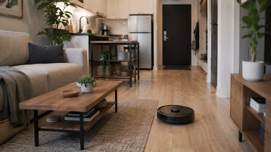 Robô aspirador limpando o chão de um apartamento pequeno moderno com sala compacta e móveis próximos