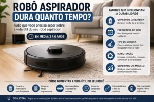 Robô aspirador em uma sala moderna com destaque para bateria, manutenção e vida útil do aparelho