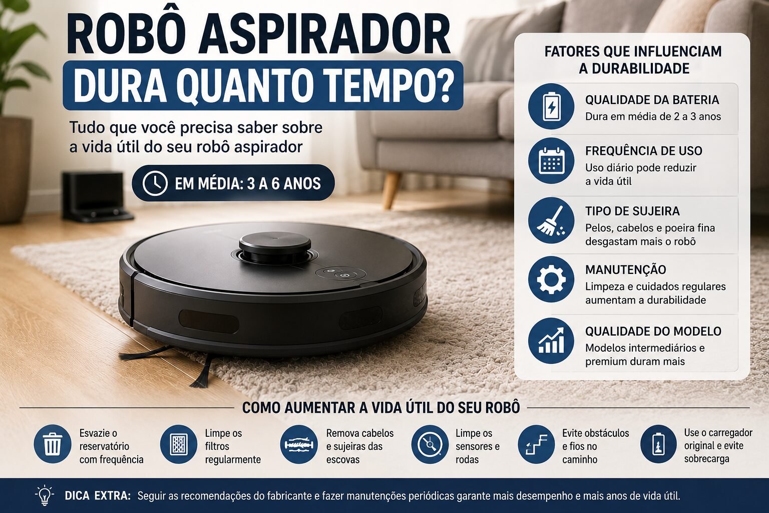 Robô aspirador em uma sala moderna com destaque para bateria, manutenção e vida útil do aparelho