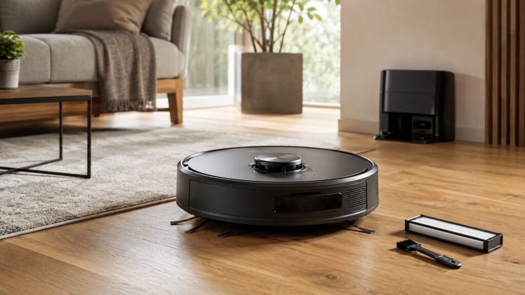 Robô aspirador em uma sala moderna com destaque para bateria, manutenção e vida útil do aparelho