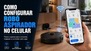 Pessoa configurando robô aspirador no celular em uma sala moderna com o aparelho conectado ao aplicativo