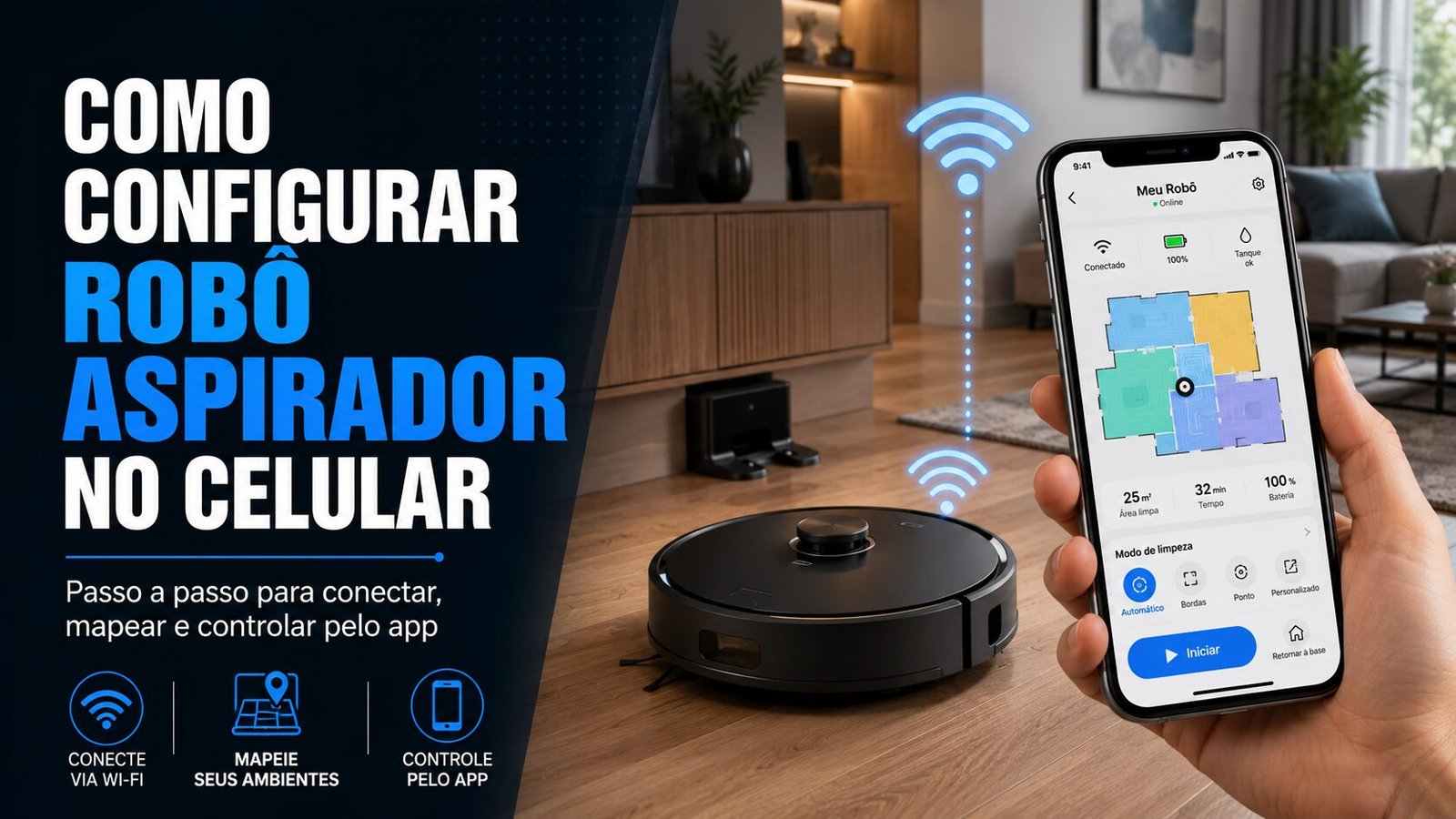 Pessoa configurando robô aspirador no celular em uma sala moderna com o aparelho conectado ao aplicativo