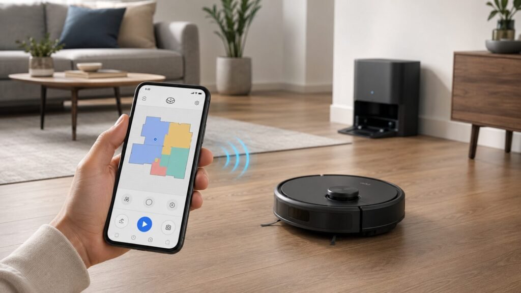 Pessoa configurando robô aspirador no celular em uma sala moderna com o aparelho conectado ao aplicativo