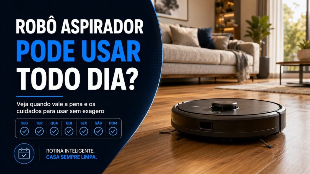 Robô aspirador limpando diariamente o piso de uma sala moderna com móveis organizados e base carregadora ao fundo