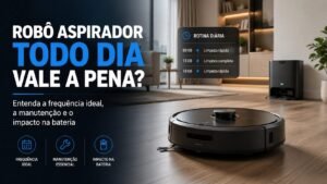 Robô aspirador limpando diariamente o piso de uma sala moderna com móveis organizados e base carregadora ao fundo