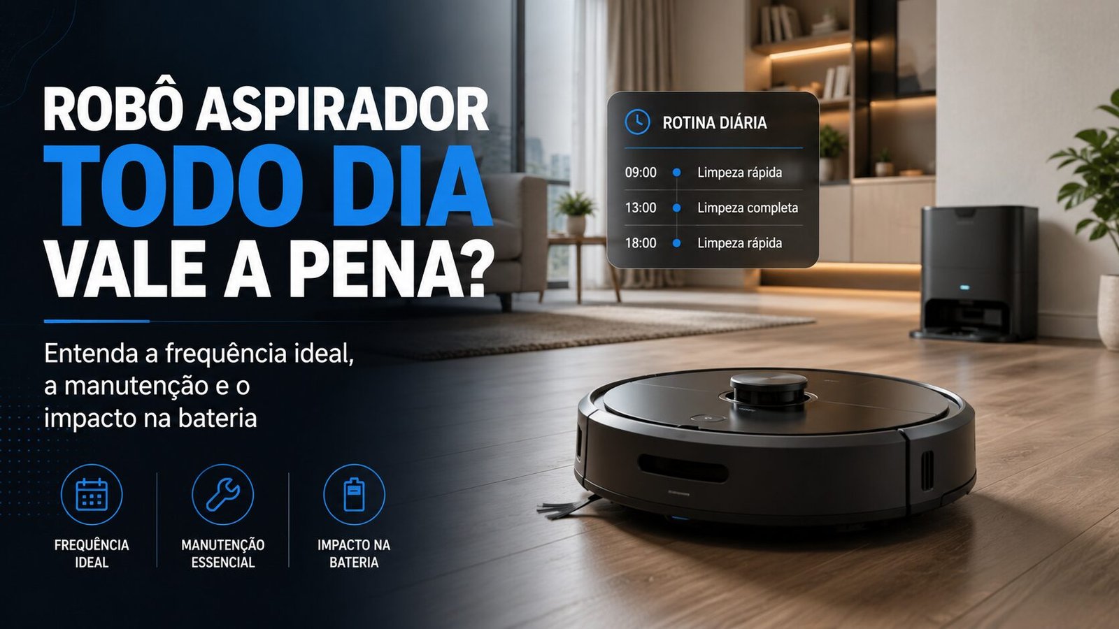 Robô aspirador limpando diariamente o piso de uma sala moderna com móveis organizados e base carregadora ao fundo