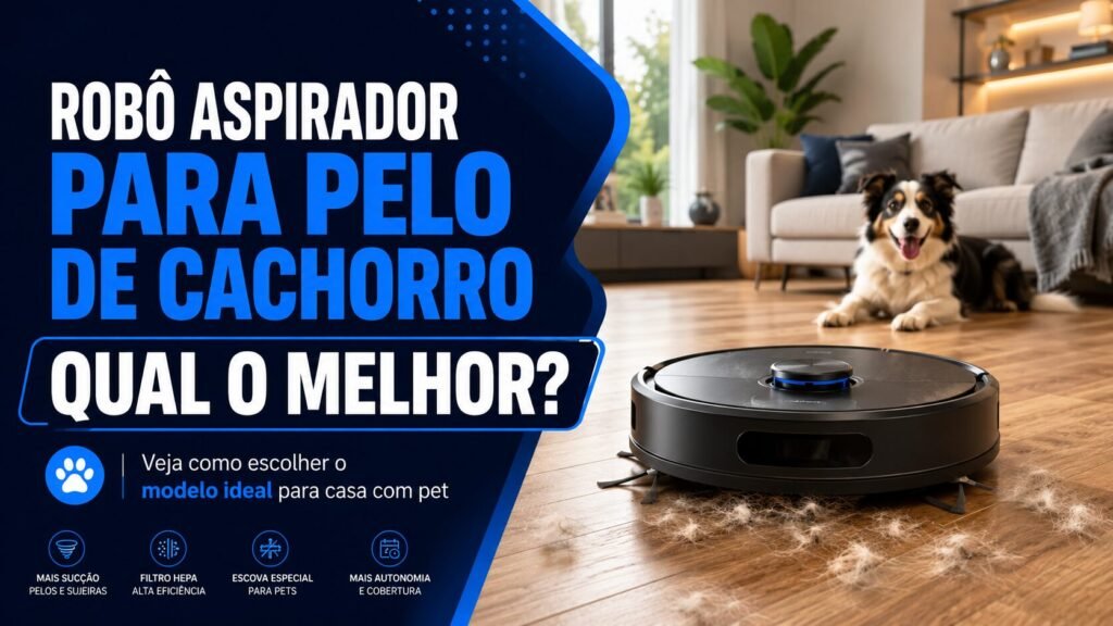 obô aspirador limpando pelos de cachorro no chão de uma sala moderna com um cão ao fundo