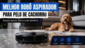 obô aspirador limpando pelos de cachorro no chão de uma sala moderna com um cão ao fundo
