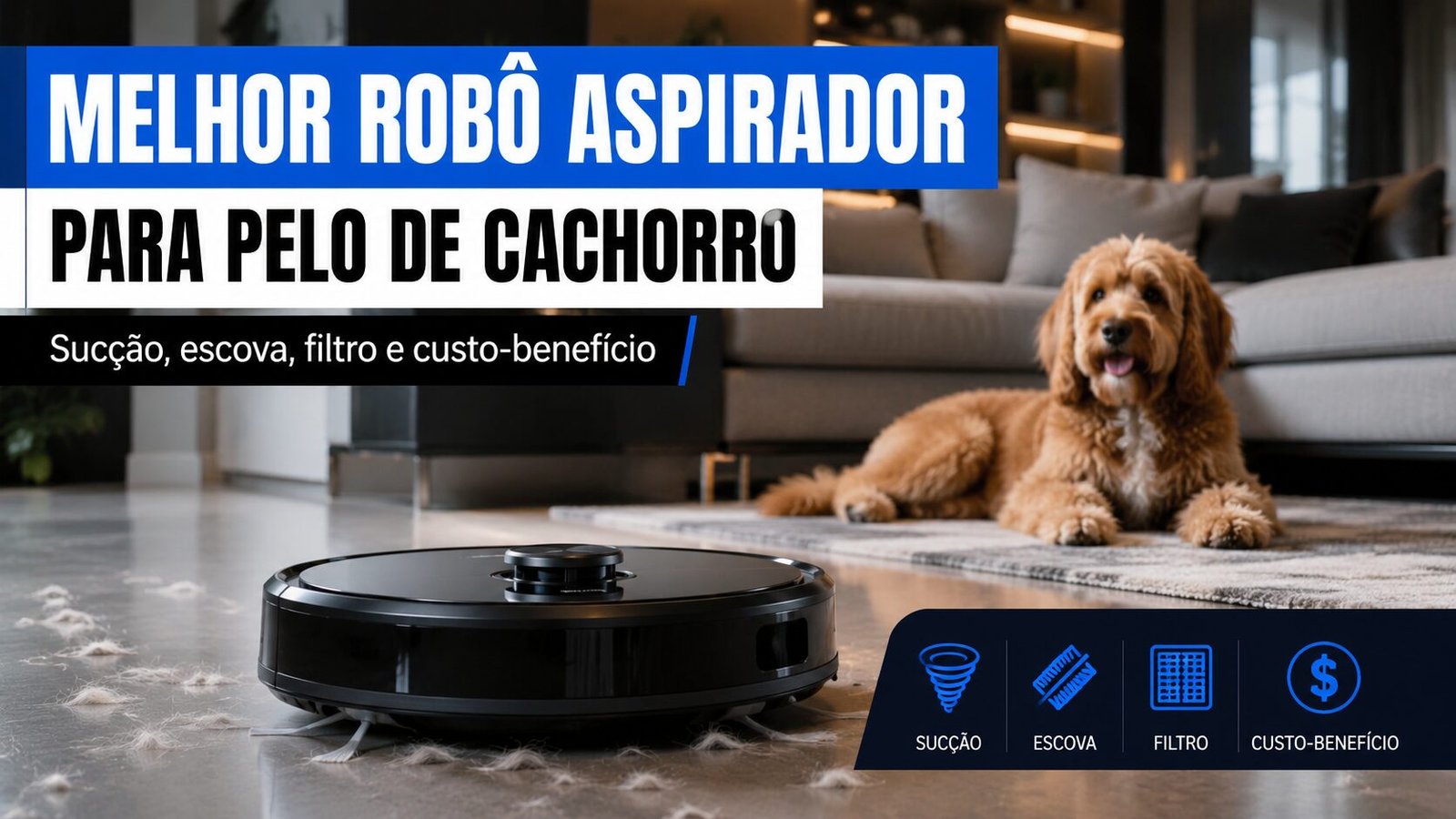 obô aspirador limpando pelos de cachorro no chão de uma sala moderna com um cão ao fundo