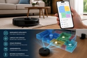 Robô aspirador com mapeamento limpando uma sala moderna enquanto o aplicativo mostra o mapa dos cômodos no celular