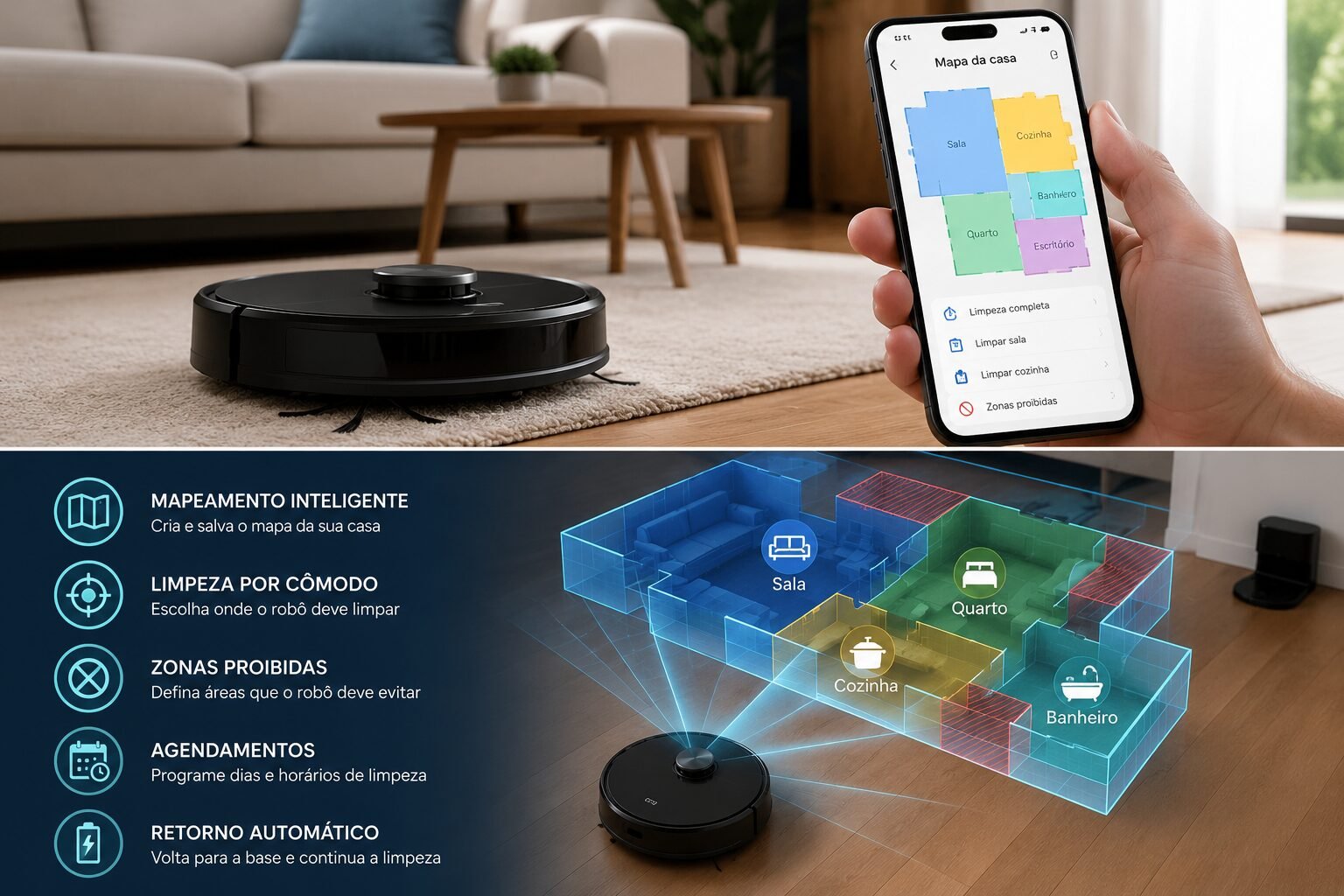 Robô aspirador com mapeamento limpando uma sala moderna enquanto o aplicativo mostra o mapa dos cômodos no celular