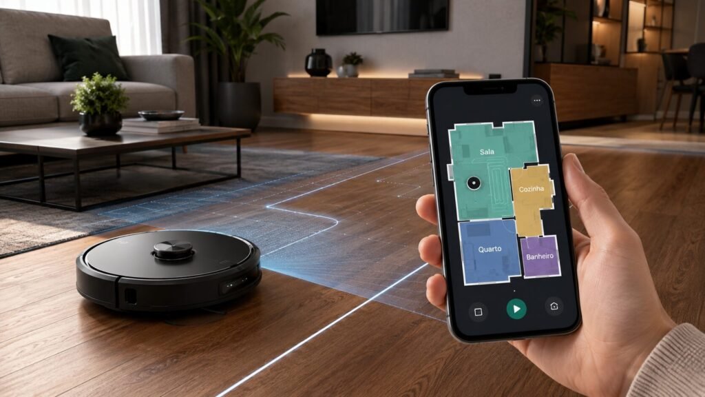 Robô aspirador com mapeamento limpando uma sala moderna enquanto o aplicativo mostra o mapa dos cômodos no celular